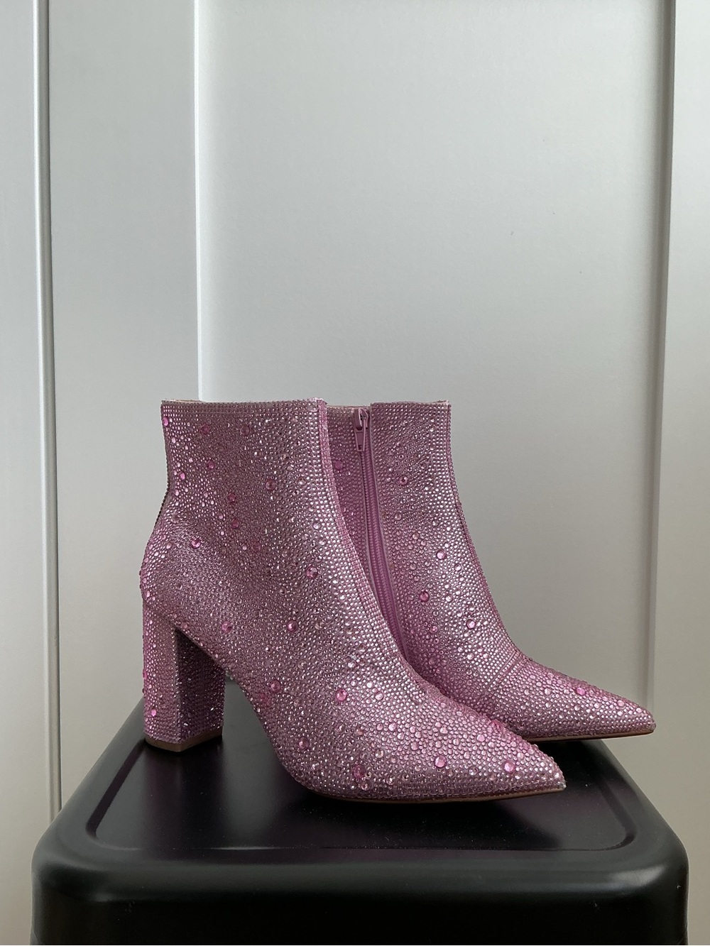 Betsey Johnson Pink Crystal-Studded Pointed Toe Block Heel Ankle Boots